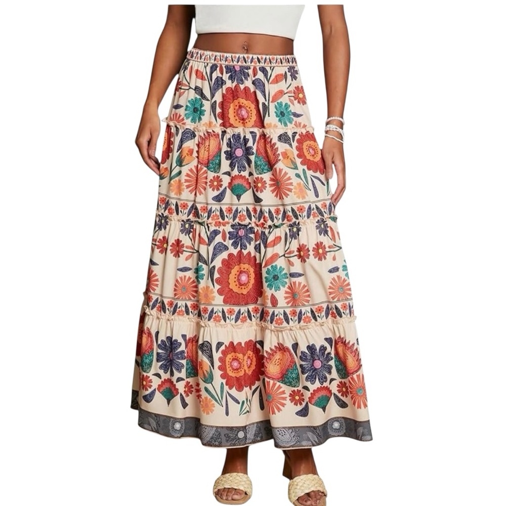 Verdusa NWT Vibrant Print Boho Tiered Maxi Skirt Misses size XL